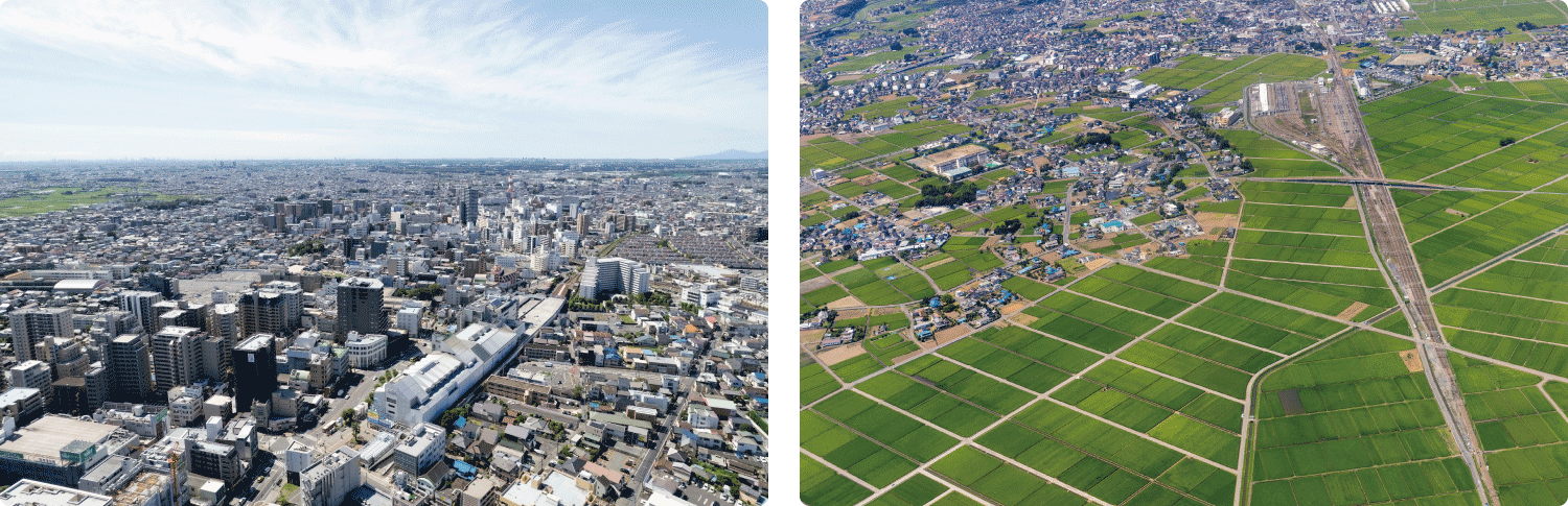 川越市中心部の街並みと郊外の田園風景｜川越市で平屋・1.5階建ての注文住宅を建てるイメージ画像