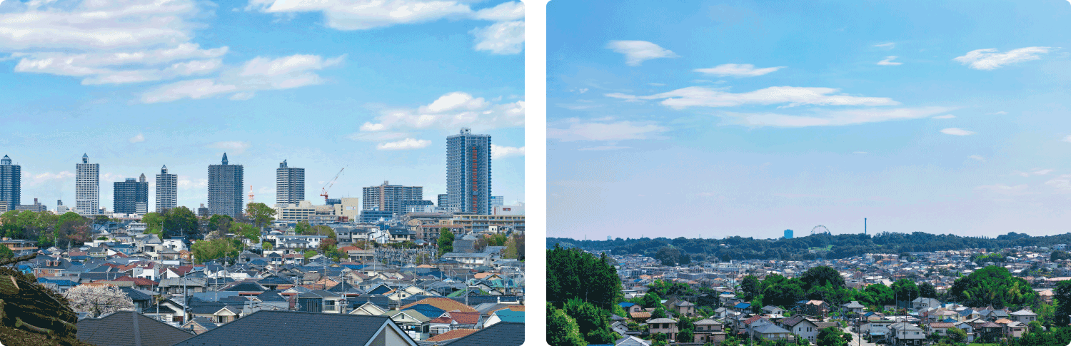 所沢市郊外の緑豊かな住宅街と狭山丘陵の風景|所沢市で平屋・1.5階建ての注文住宅を建てるイメージ画像