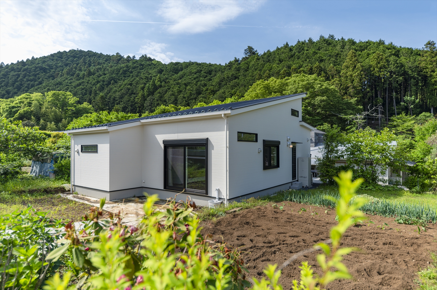 庭と自然環境に調和する白い外壁の平屋住宅外観（テクノストラクチャー施工事例）