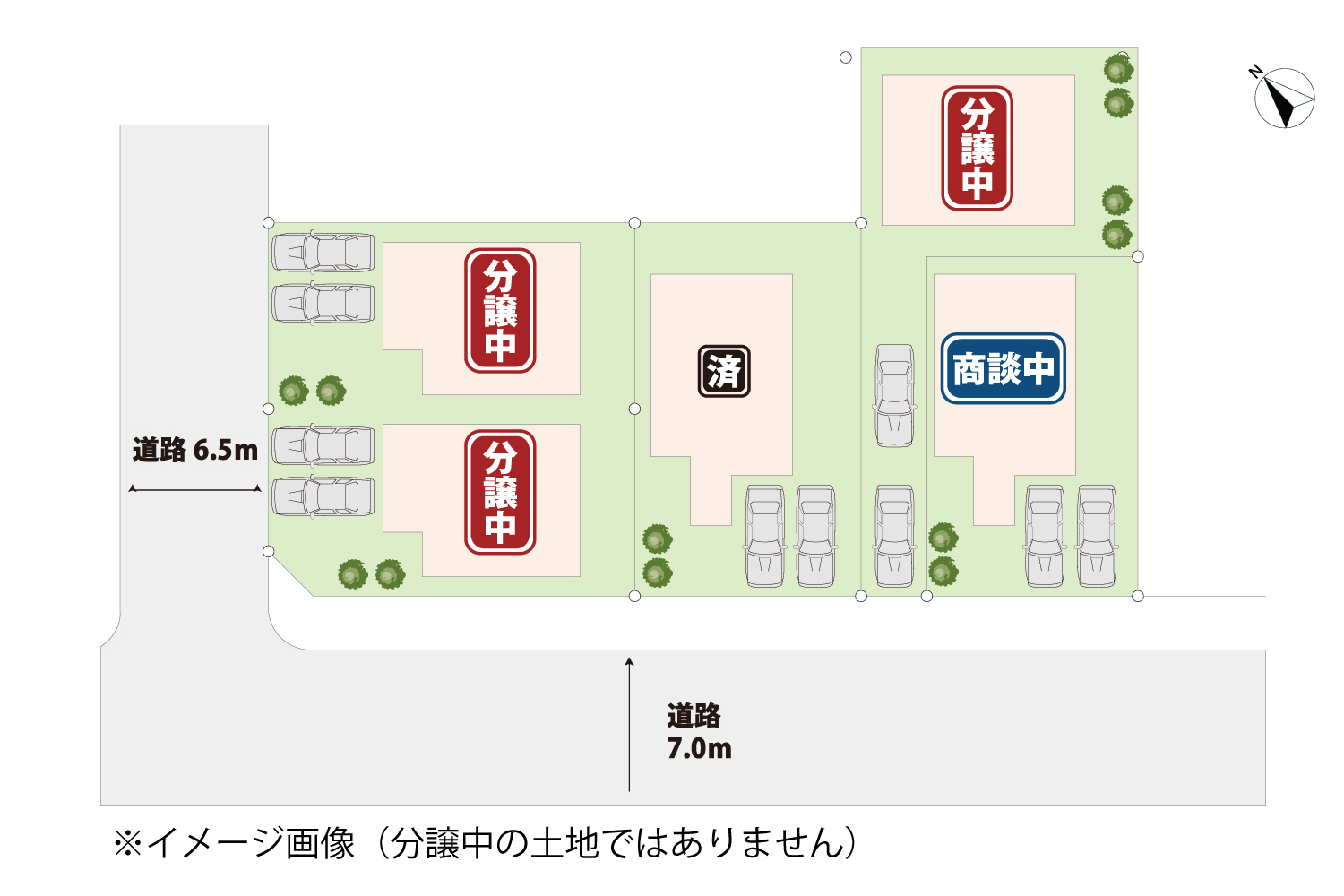 狭山市の規格住宅に適した区画図イメージ｜北道路・旗竿地・道路6.5m／7.0mの想定