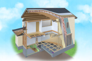 断熱ラインの連続性がわかる住宅の断面図(屋根・壁・床・基礎の断熱・気密イメージ)