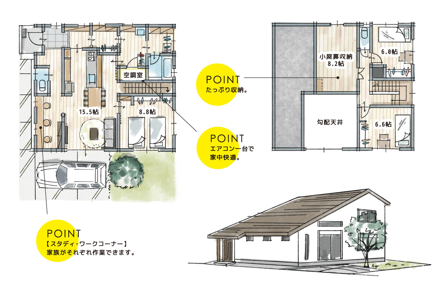1.5階建て平屋の間取り図A:玄関直結のパントリーと洗濯一直線の家事動線(延床114.0㎡)