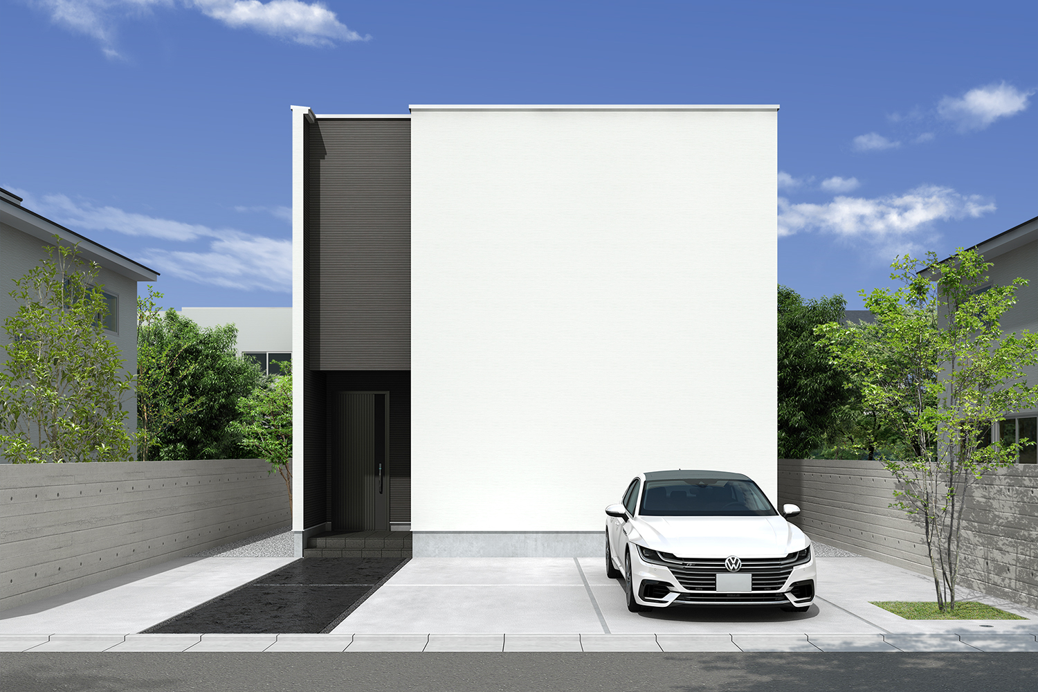 Trente 外観|木目アクセントと灯りのある夕景