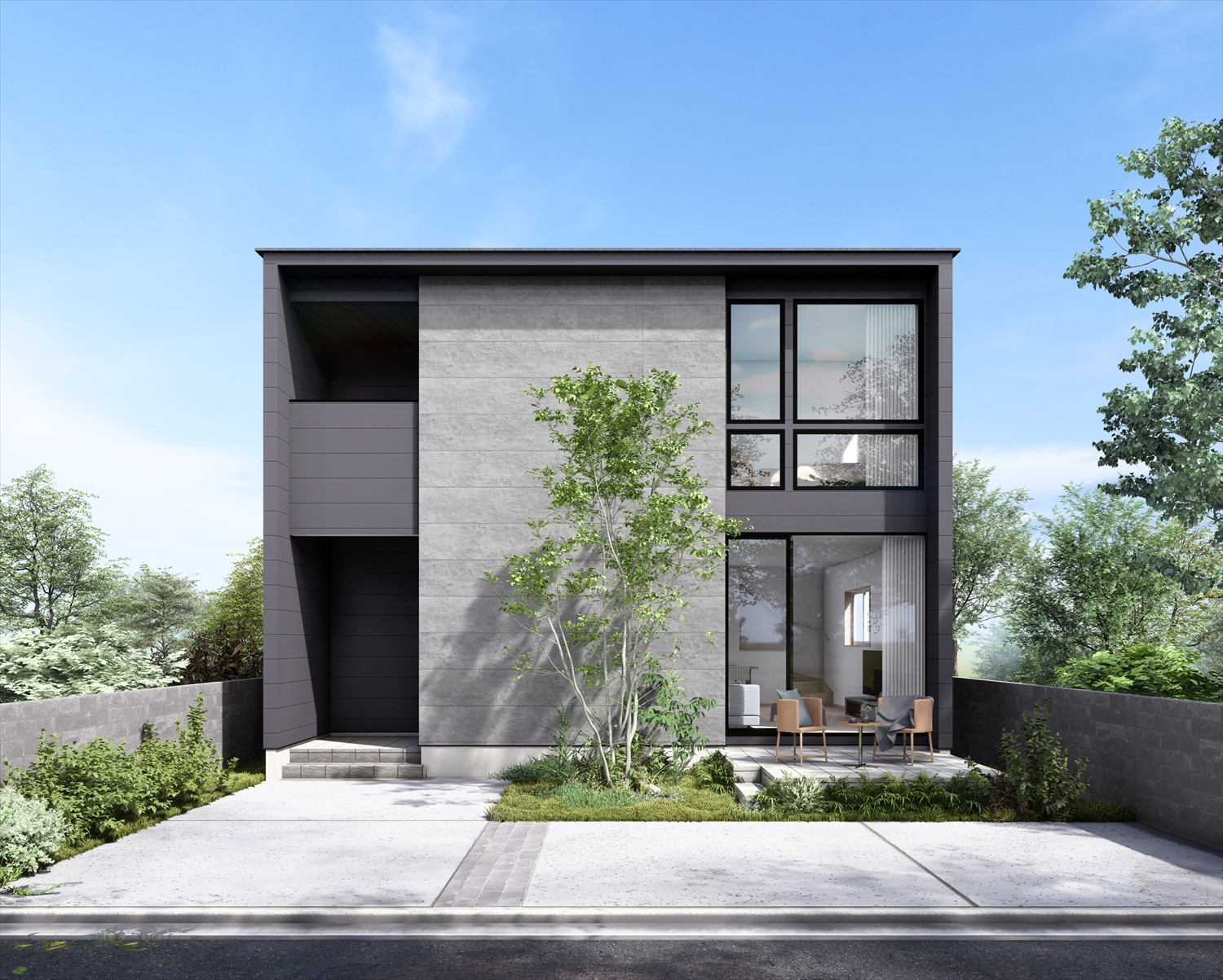 Trente 外観|縦スリット窓と深いグレーの外装