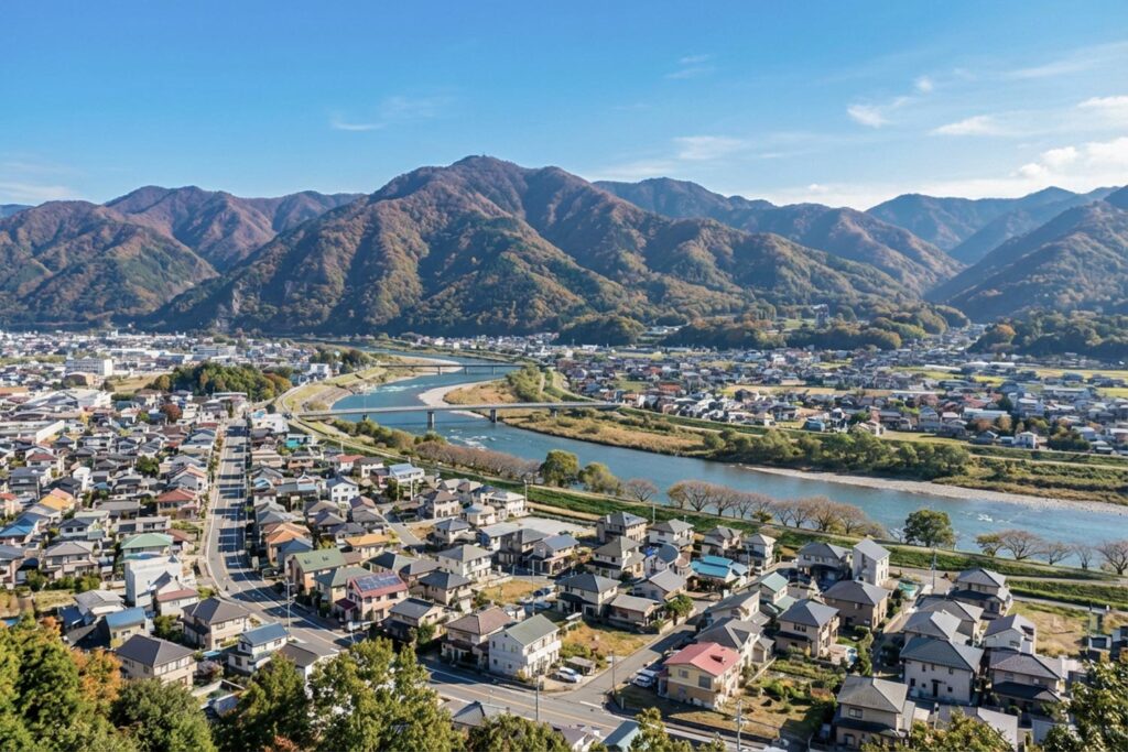 河川の近くに広がる住宅街とハザードエリアのイメージ