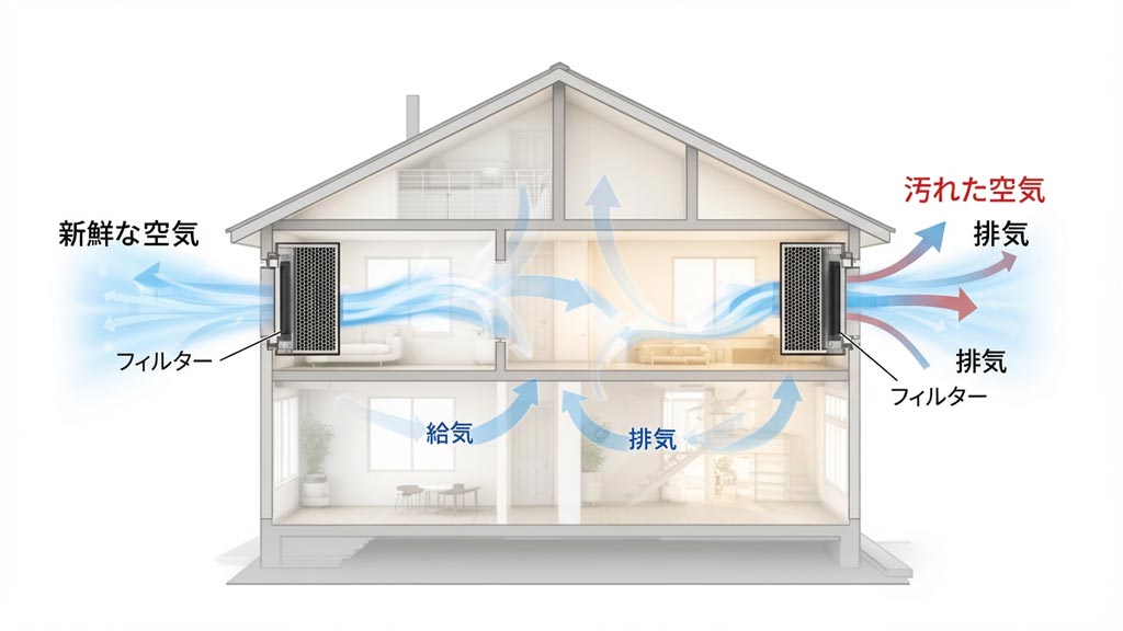 24時間換気システムによる室内外の空気循環を示すイラスト