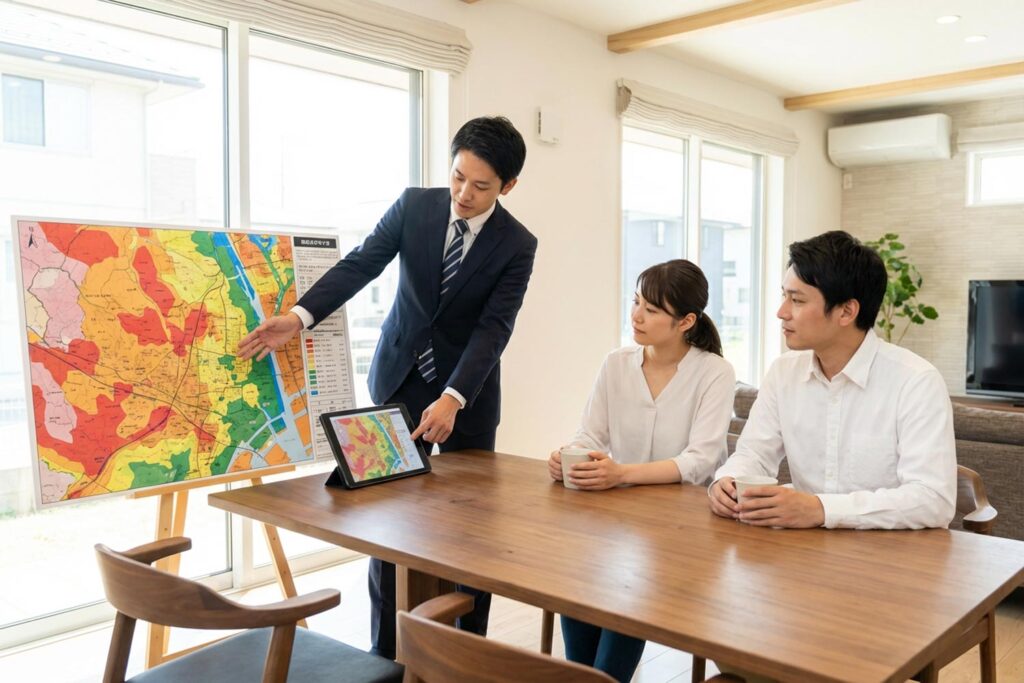 ハザードマップを見ながら住宅ローンや土地選びの相談をする様子