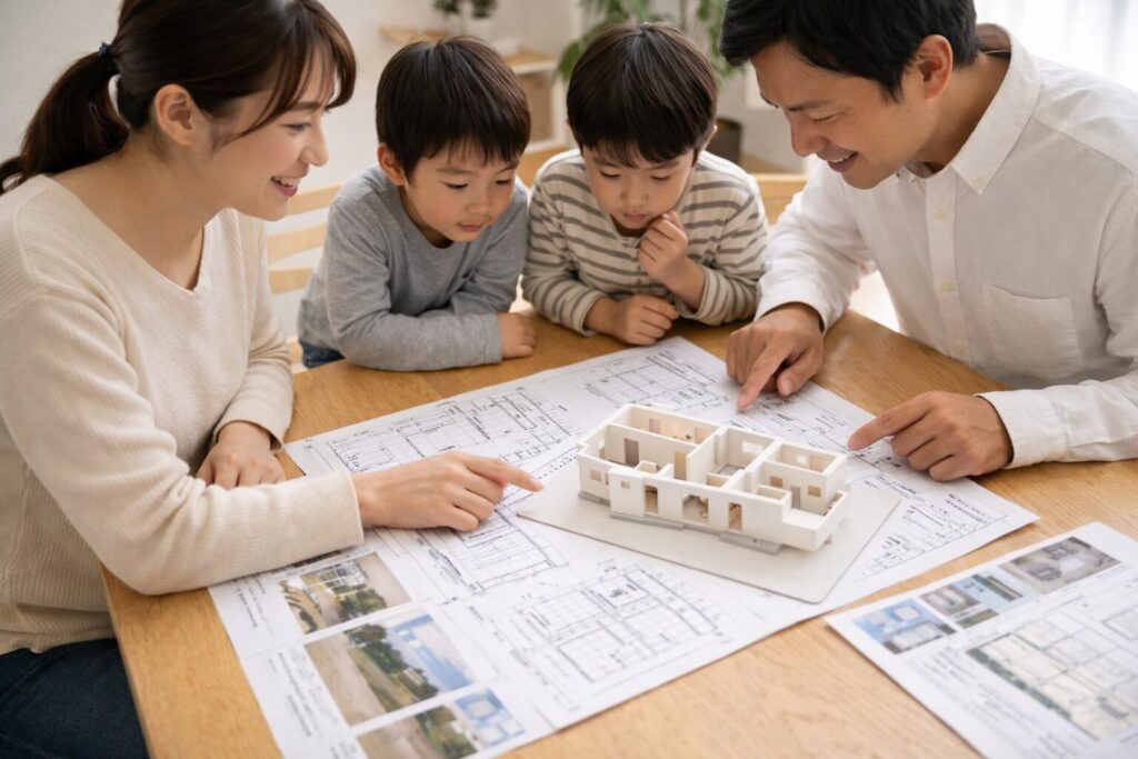 間取りを検討して暮らし方を具体化している様子