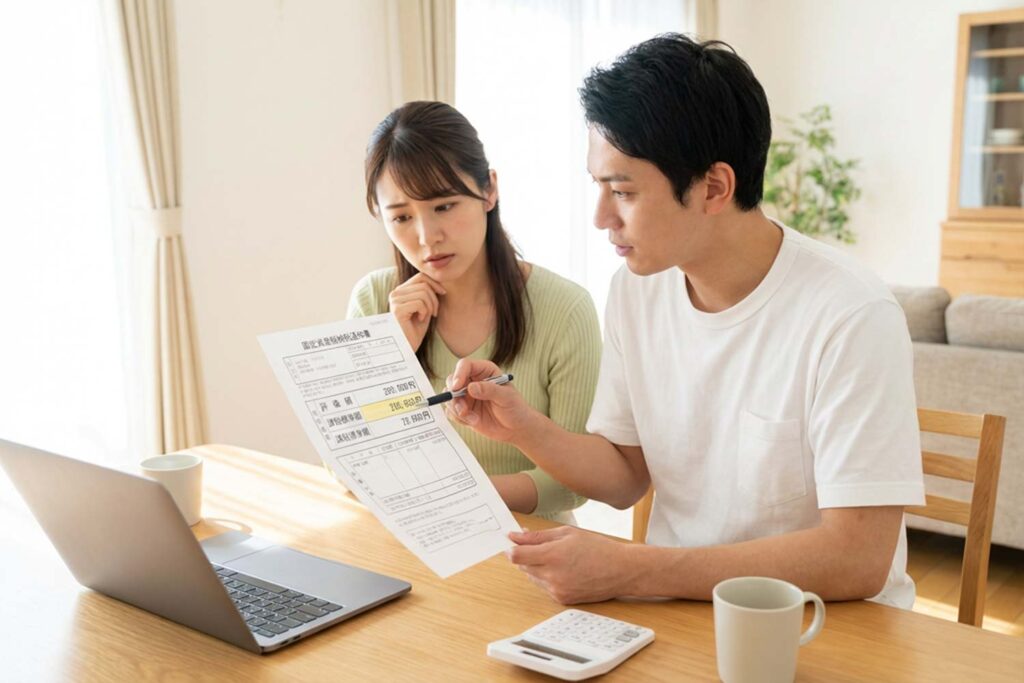 固定資産税の納税通知書で評価額と課税標準額を確認する様子