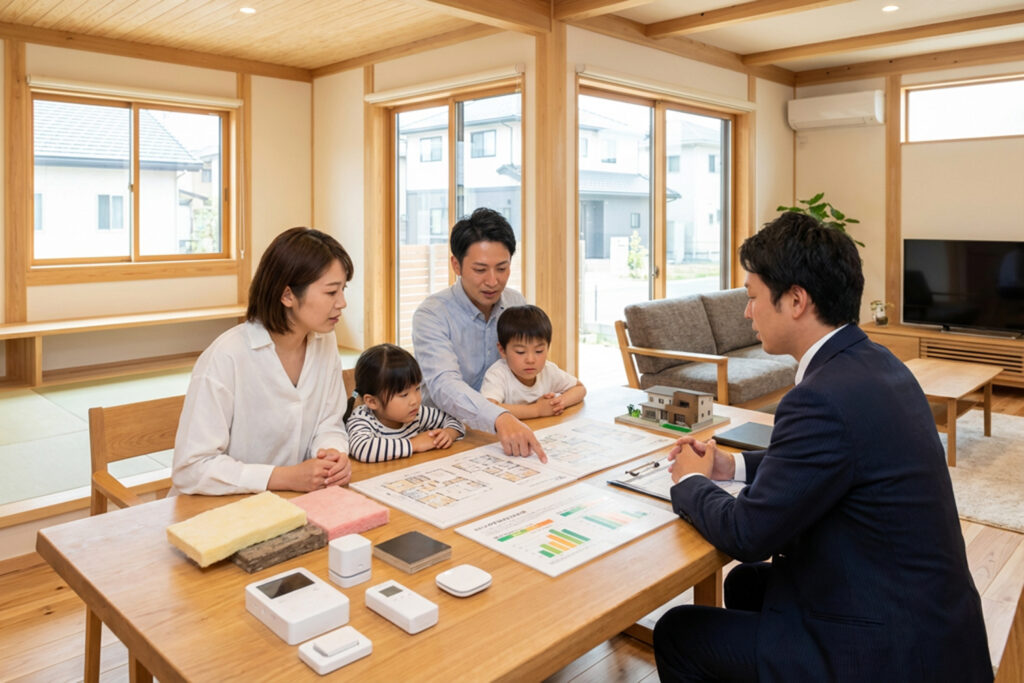 モデルハウスで間取りや住宅性能を確認している家族