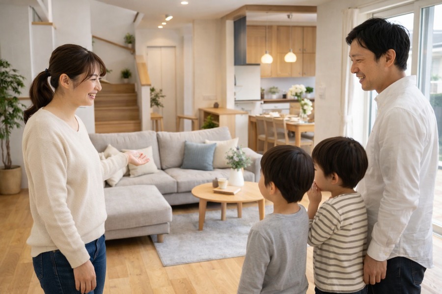 モデルハウスで暮らしのイメージを確認する家族