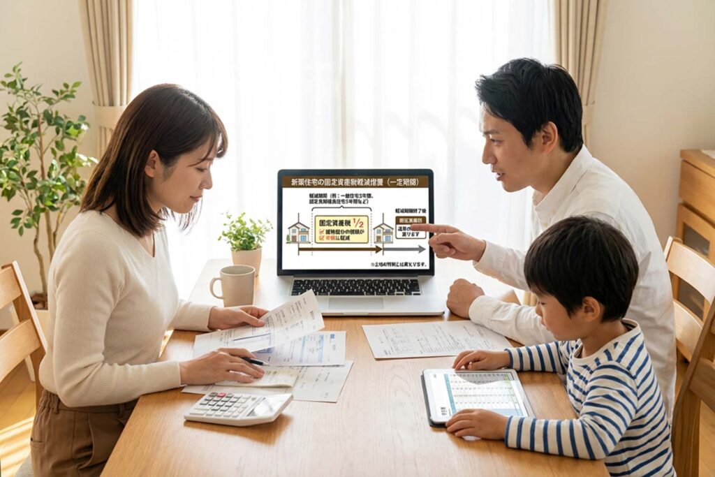 固定資産税を含む住まいのランニングコストを家族で確認する様子