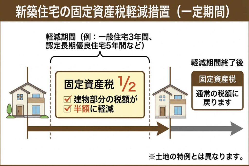 新築住宅の固定資産税が一定期間軽減されることを示すイメージ