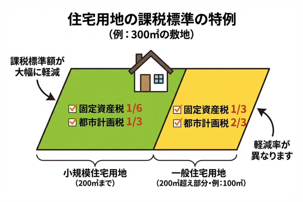 住宅用地特例の200㎡を境に課税標準額が分かれるイメージ図