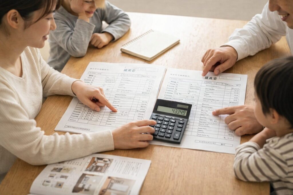 注文住宅と建売住宅の費用を比較して資金計画を立てる様子
