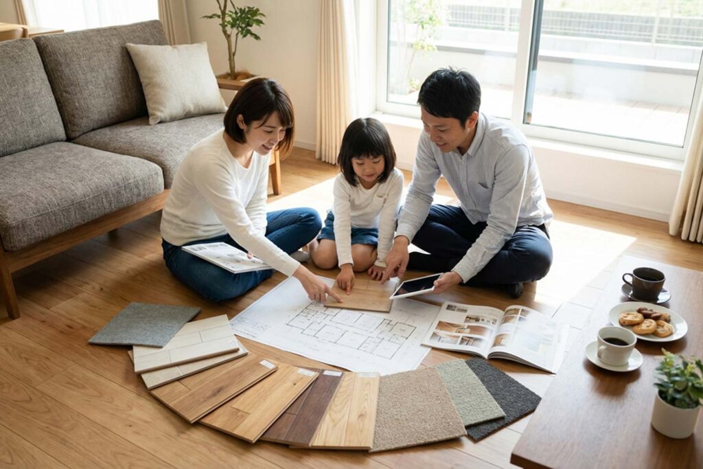 床材サンプルを見比べながら内装を検討する様子