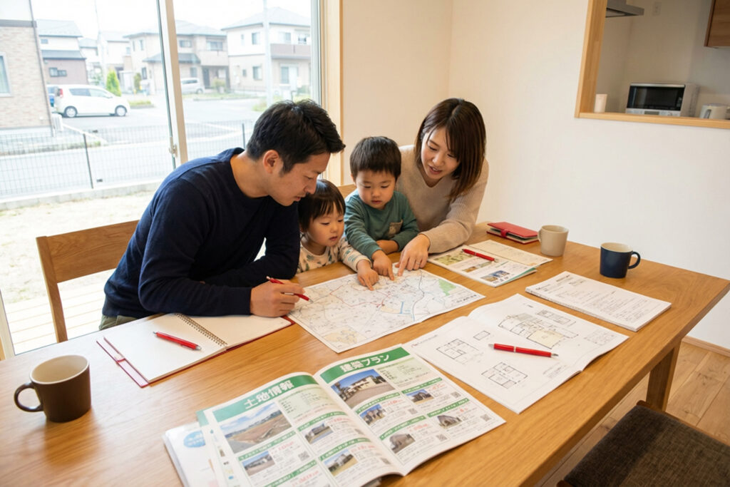 注文住宅の土地探しで資料を確認している家族