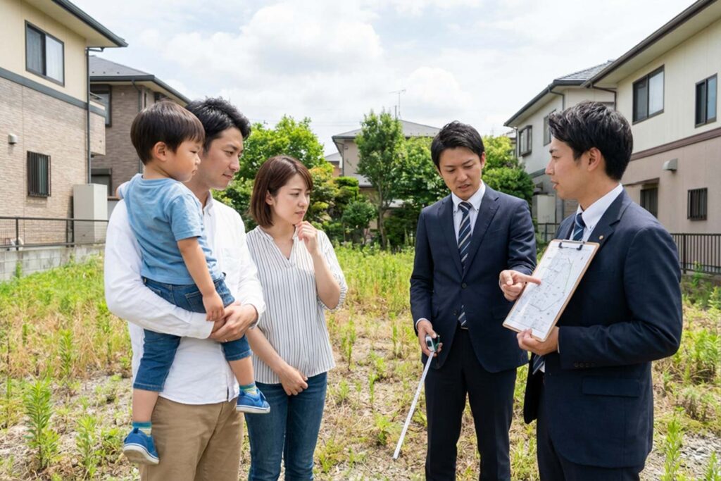 候補地で敷地条件を確認する家族とスタッフ