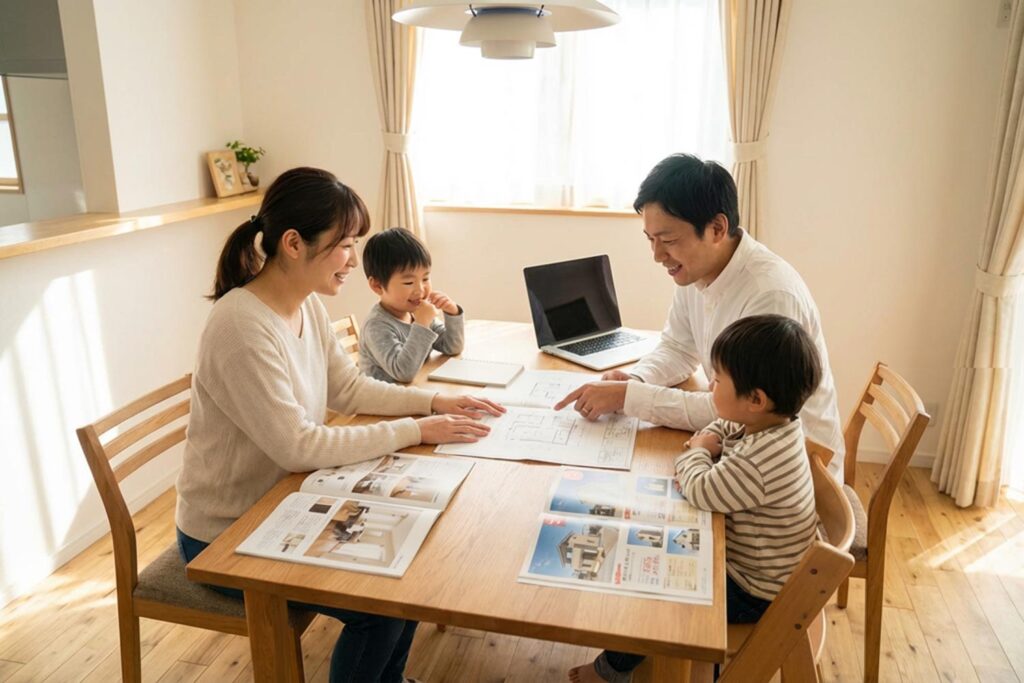 注文住宅と建売住宅を比較してマイホームを検討する家族