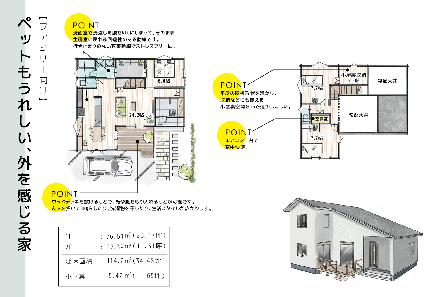 ファミリー向け 1.5階の平屋（延床114.0㎡）の間取り図｜ウッドデッキと回遊動線・小屋裏空間