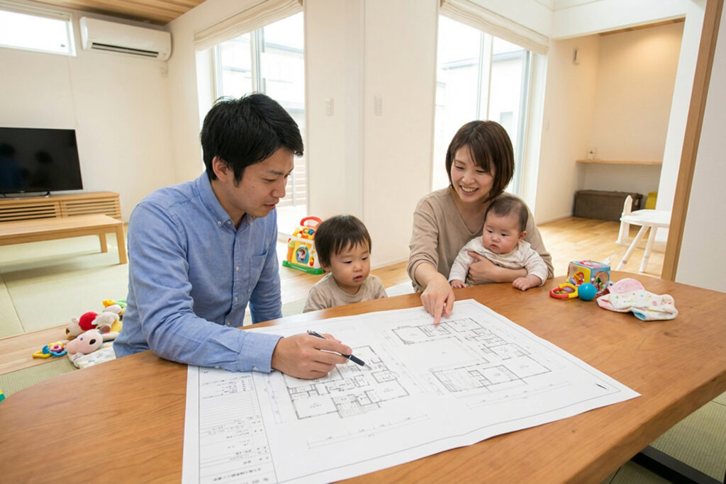 注文住宅の間取り図を見ながら家事動線を確認する子育て世帯