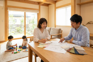 子育てしやすい注文住宅の間取りを家族で検討している様子