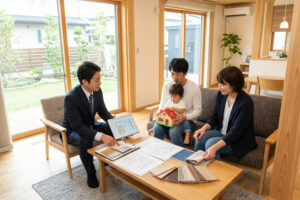 2月の家づくり準備を進める家族がモデルハウスで相談している様子