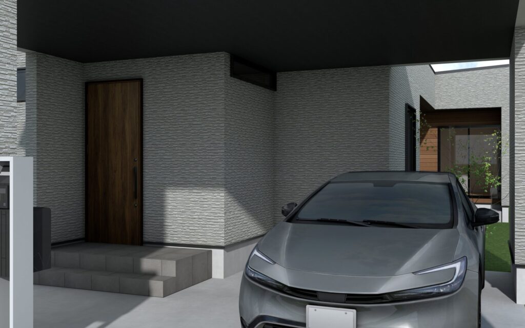 ガレージ下の玄関アプローチの外観パース。木目の玄関ドアとグレーの外壁、駐車スペース