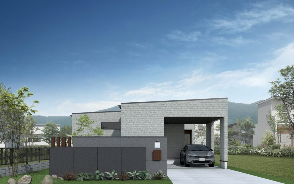 青空の下、ガレージ付き平屋の外観パース。グレーの外壁とカーポート、前面の塀と植栽