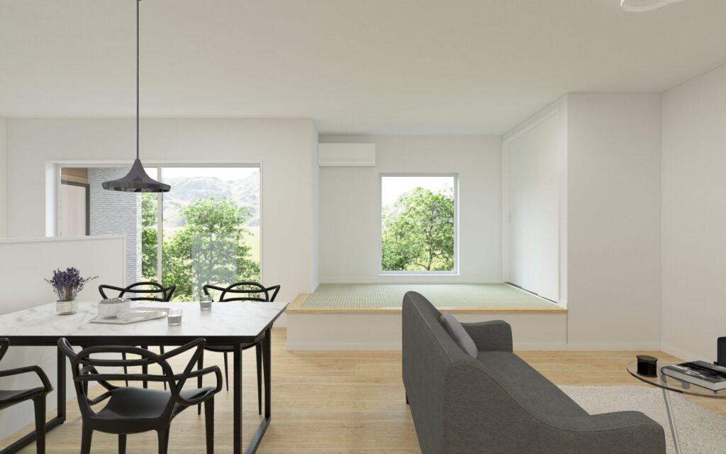 ダイニングとリビング、畳コーナーがつながるLDKの内観パース。大きな窓と明るい床