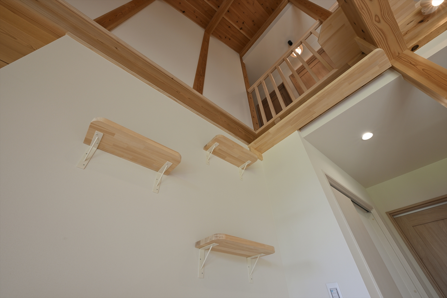 壁面に設置したキャットステップ、吹き抜け上部の手すりが見える空間