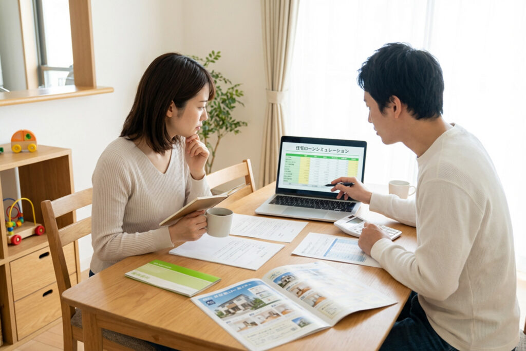 マイホームの資金計画を家族で話し合っている様子