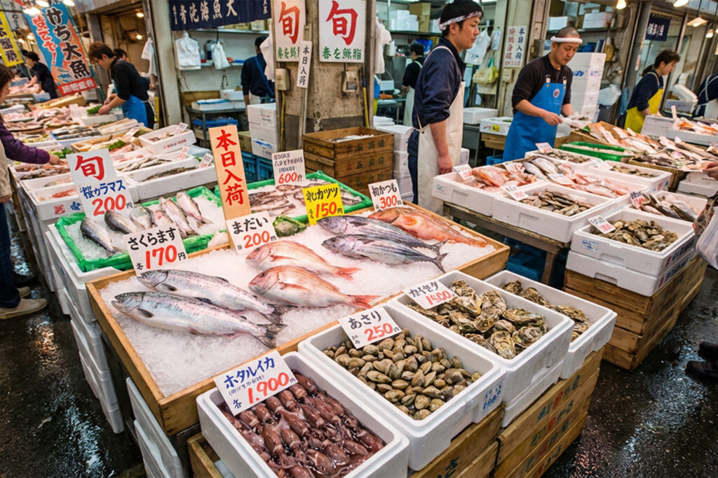 角上魚類の鮮魚売場をイメージ(旬の魚介)した写真※本画像はAI生成のイメージです。画像内の価格・品名は例示であり、角上魚類 狭山店の販売内容・価格を示すものではありません。