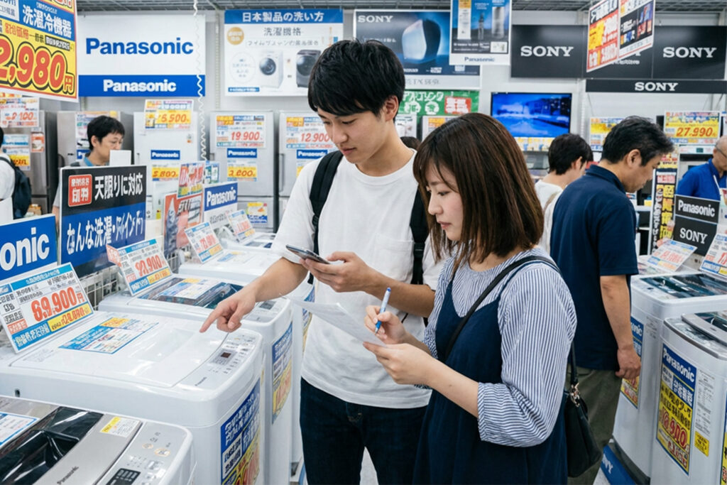 家電量販店で必要品をチェックする様子