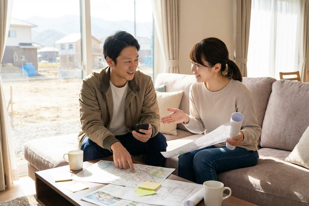 家族で土地探しの条件(駅距離・学区・災害)を話し合う様子