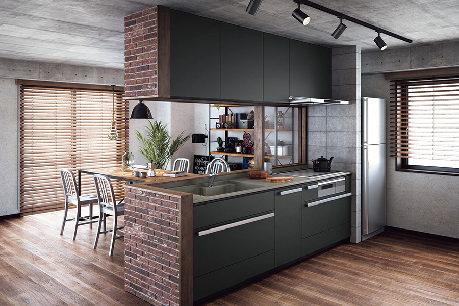 クリナップのシステムキッチン「CENTRO（セントロ）」の施工イメージ。ダークカラーの対面キッチンで、上部吊り戸と一体感のあるデザインのキッチンリフォーム