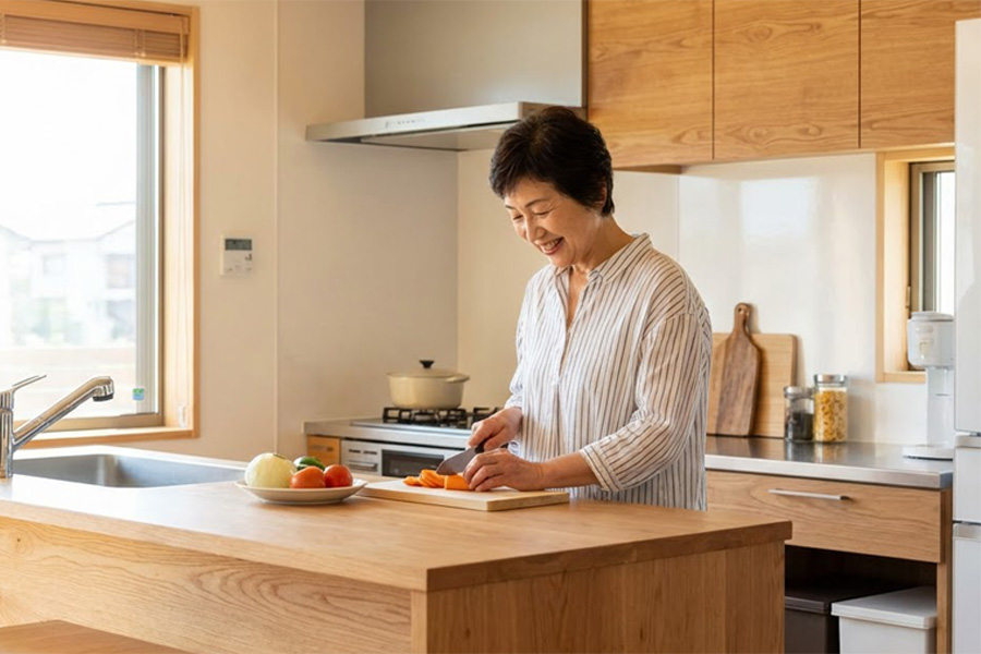 キッチンで調理する様子。作業台の高さを見直して、無理のない姿勢で作業しやすいキッチンリフォームのイメージ