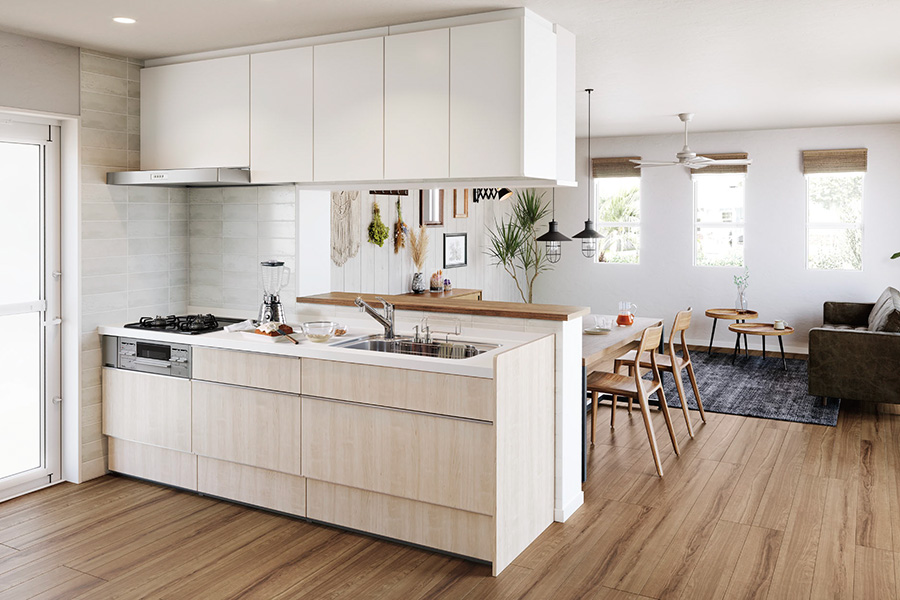 LIXILのシステムキッチン「ES（アップルホームオリジナル商品）」の施工イメージ。白い扉の対面レイアウトでLDKとつながるキッチンリフォーム
