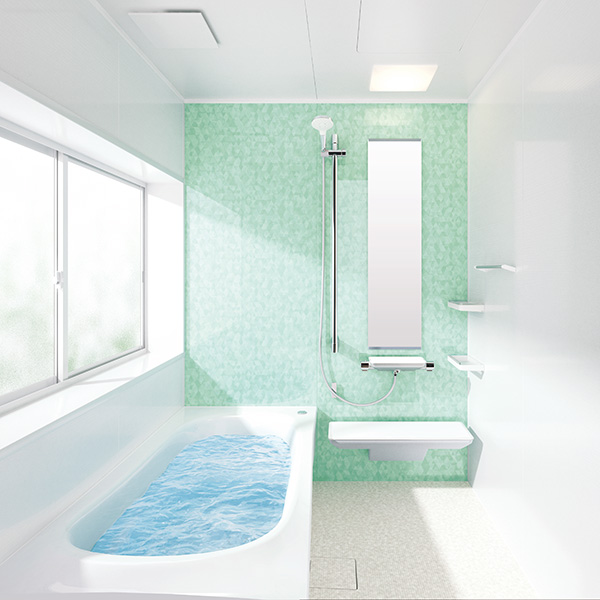 TOTOサザナ（戸建て用浴室1216）の施工イメージ。魔法びん浴槽とお掃除ラクラクほっカラリ床で冬もあたたかい浴室へ