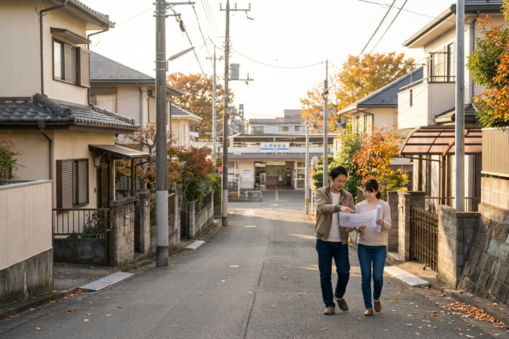 駅までの徒歩ルート(坂道や歩道の幅など)を現地で確認するイメージ