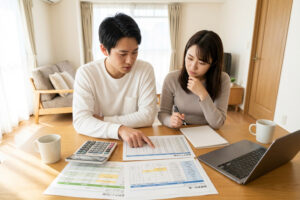 住宅ローンの選び方をチェックリストで確認する家づくり中の家族