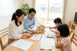 住宅ローンと自己資金(頭金)のバランスを考える家族のイメージ