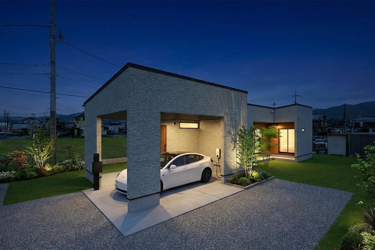 飯能市の平屋ガレージハウス外観夜景（テクノストラクチャー）
