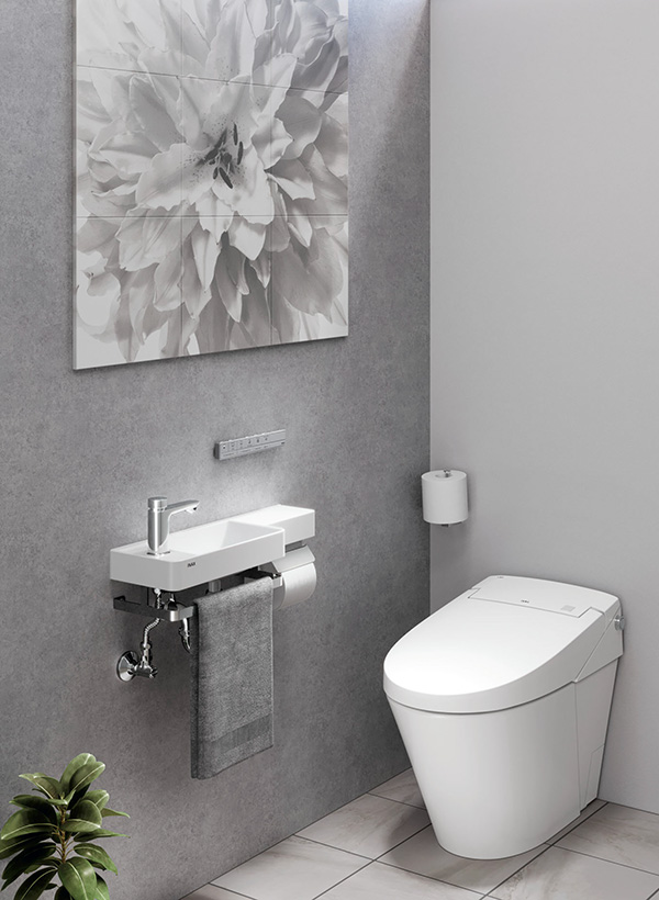 LIXIL サティスSのタンクレストイレ施工イメージ（手洗い器付き・グレートーンのトイレ空間）
