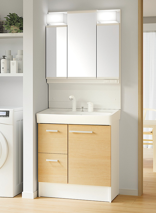 木目調キャビネットのLIXIL洗面化粧台「オフト」（W750）のイメージ