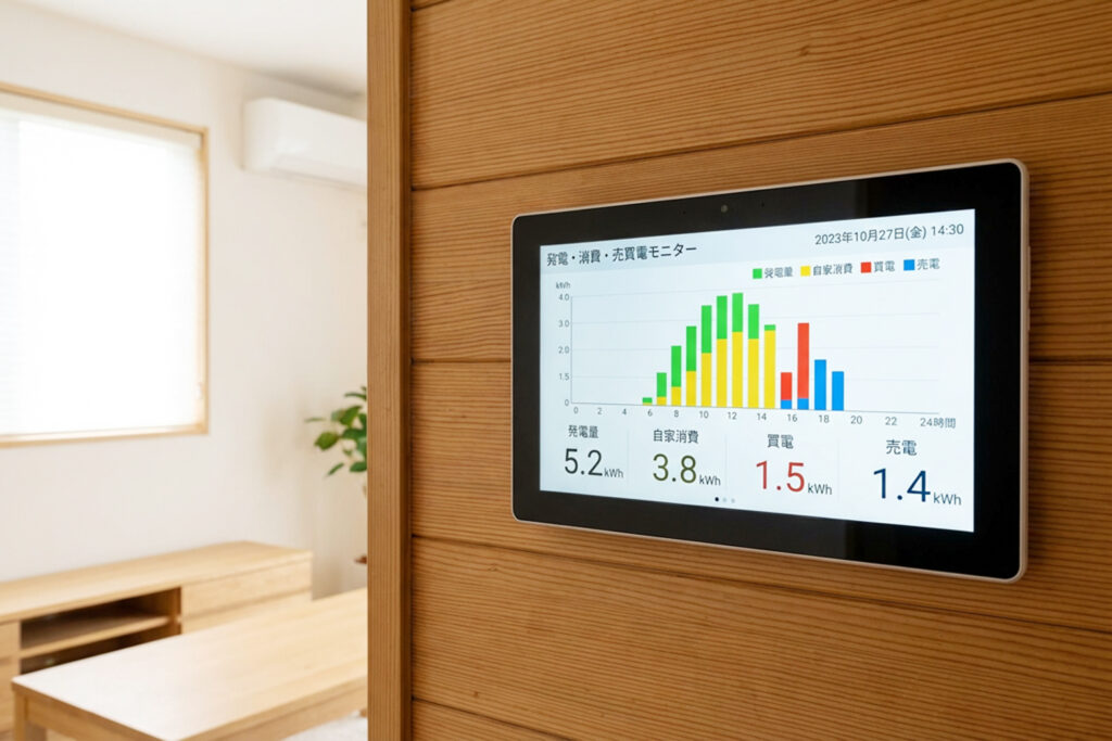 太陽光発電の発電量と自家消費を確認できるモニター画面