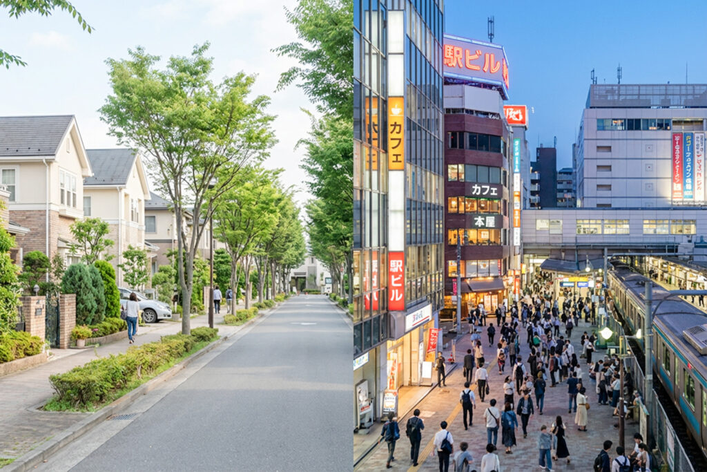 住宅街の街並みと駅前の商業エリアの対比
