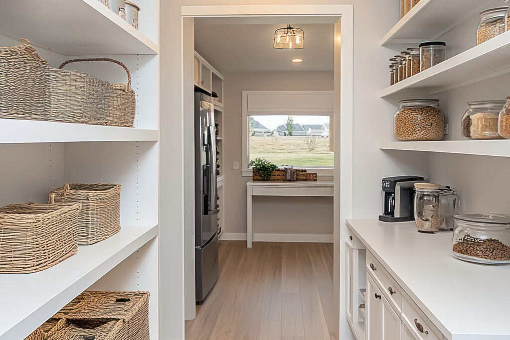 AdobeStock_1154185476 | アップルホーム 注文住宅で冷蔵庫まわりとパントリーを近く配置した家事動線のよいキッチン