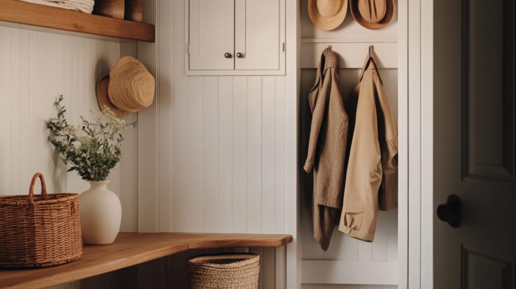 Cozy entryway with natural elements | アップルホーム 帰宅後に上着やバッグをしまいやすい玄関収納のある注文住宅