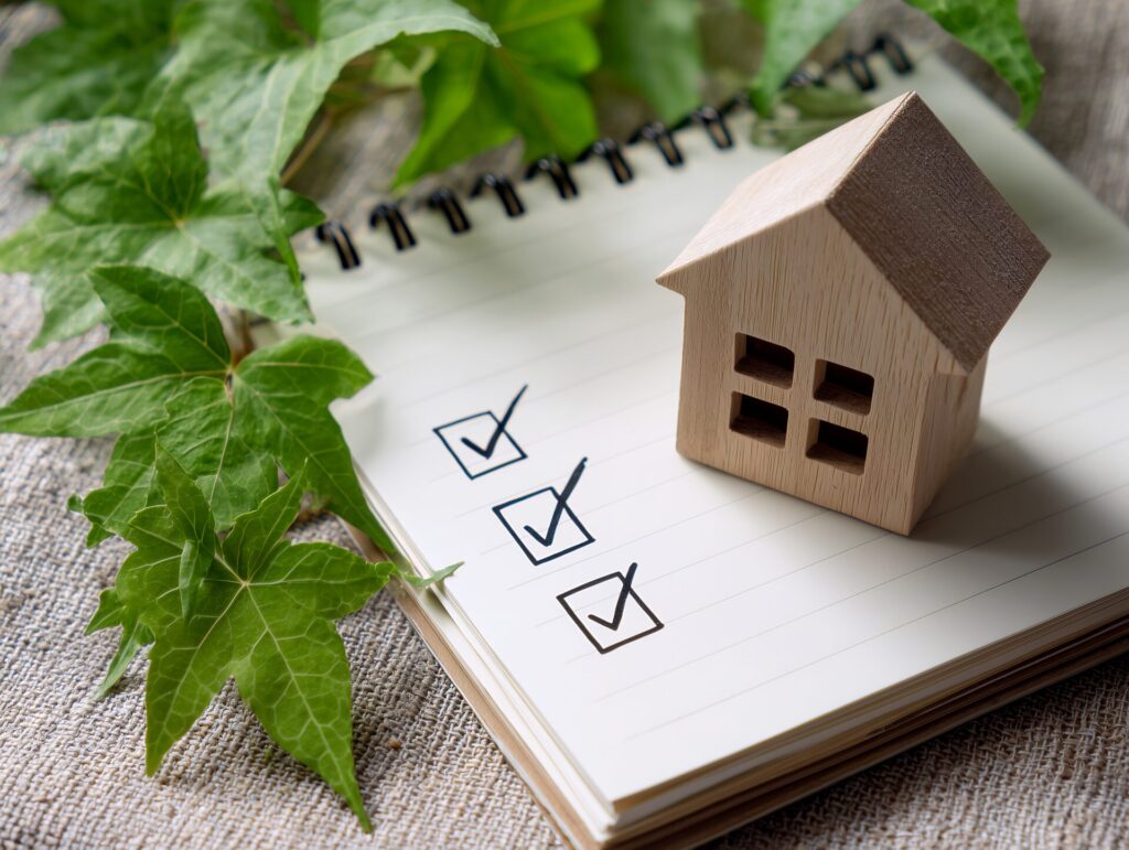 チェックリストと家の模型で住まい選びを確認するイメージ